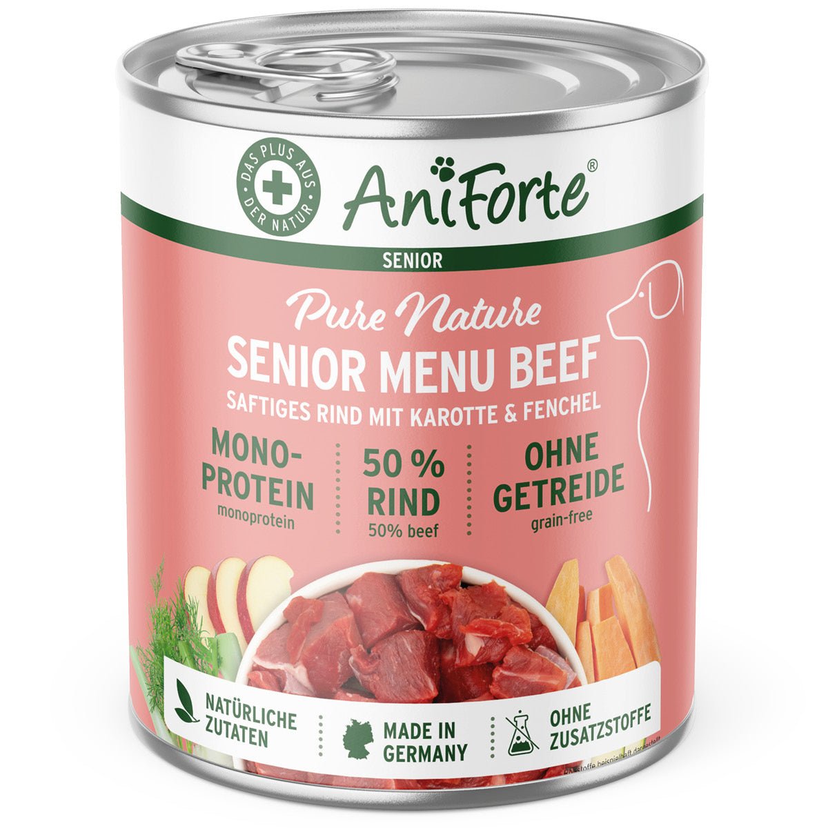 AniForte Nassfutter Senior Rind mit 50% Rindfleisch, Karotte, Fenchel, ohne Getreide, natürliche Zutaten, Made in Germany, für ältere Hunde